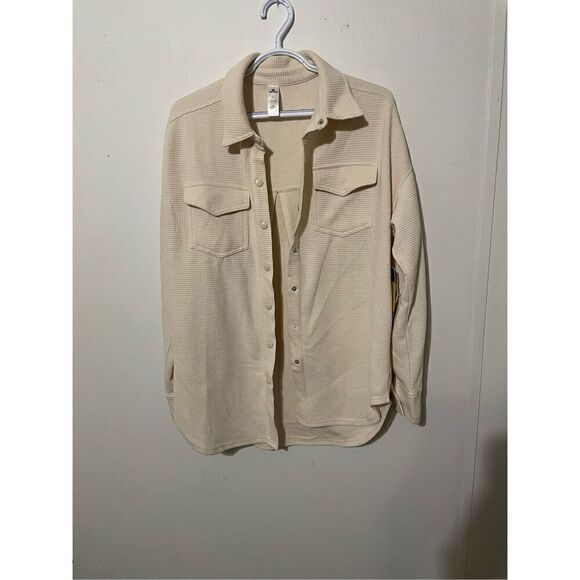 90 Degree by Reflex Women’s Large Tan Waffle Knit Shirt Jacket Shacket New - Picture 1 of 6